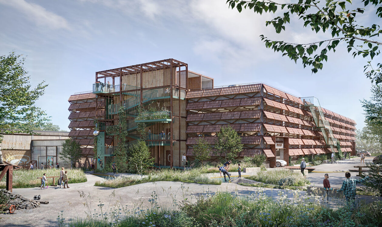 Moderne bygning med grønne elementer i en park med folk, der spadserer og nyder udendørsarealer.