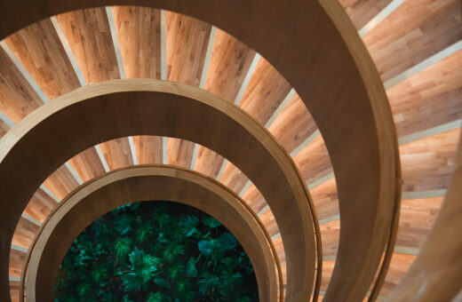 Rund trætrappe med moderne design, udsigt ned til grønne planter.