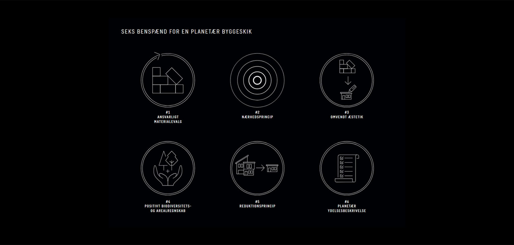 Sort billede med 6 hvide figurer