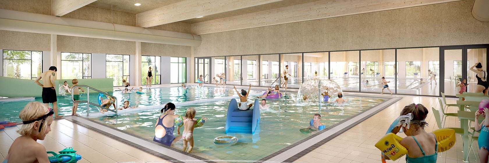 Indendørs svømmehal med børn, vandrutsjebane og familier i børnevenligt bassin
