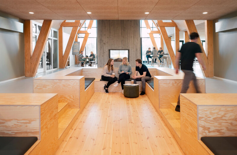 Moderne træinteriør med pejs og siddeområder, person går gennem rummet.