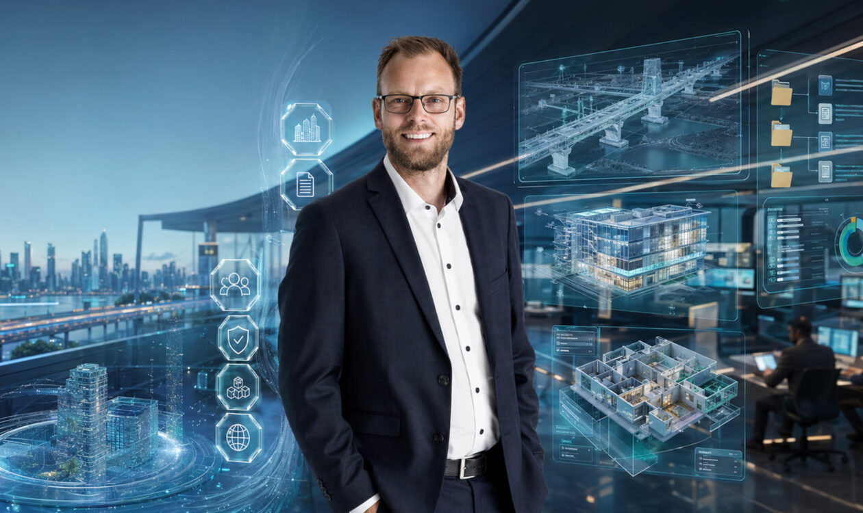 Forretningsmand i smart kontor med digitale bygningmodeller og futuristisk bybaggrund