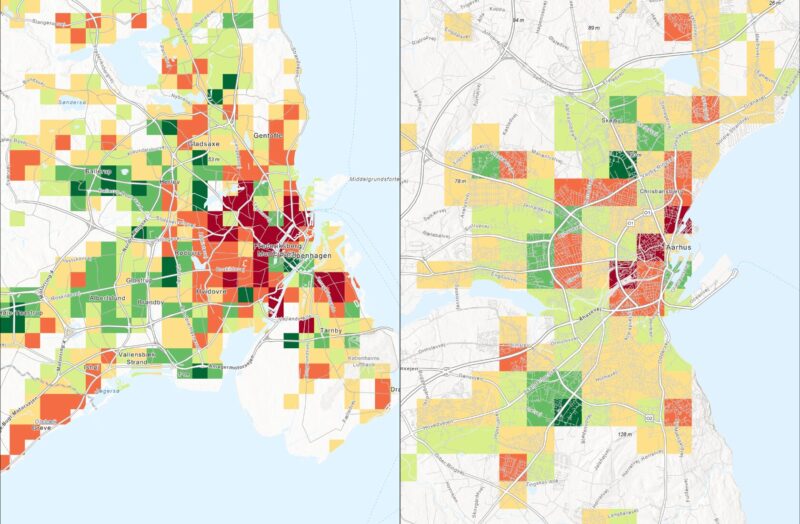 Oversigt over København og Aarhus ift. at tætbefolkede byområder mangle beskyttelsesrum